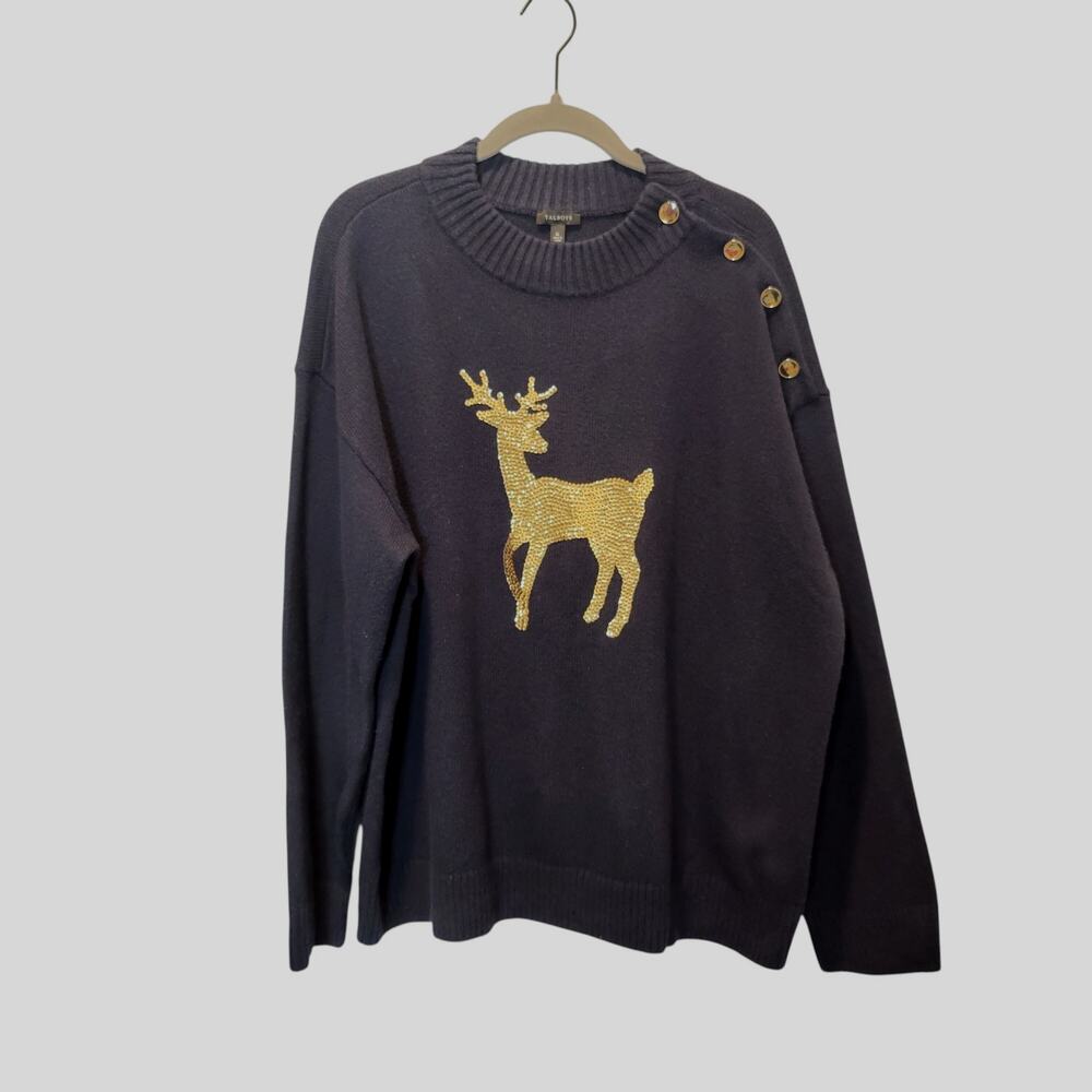 Talbots Dark Blue Sweater with Gold Deer